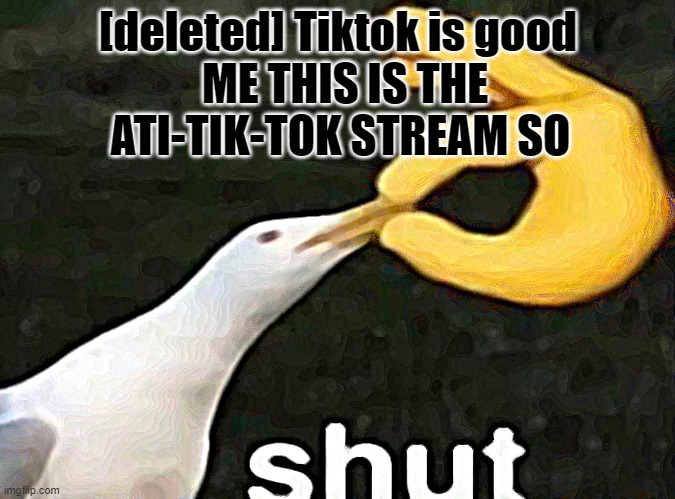 the chat of the last meme i made in the Stream | [deleted] Tiktok is good; ME THIS IS THE ATI-TIK-TOK STREAM SO | image tagged in shut,stop right there,criminal,scumbag | made w/ Imgflip meme maker