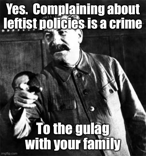 Stalin | Yes.  Complaining about leftist policies is a crime To the gulag with your family | image tagged in stalin | made w/ Imgflip meme maker