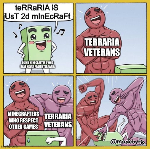 If you’ve ever actually played Terraria for more than 5 minutes, you’ll understand that they are different games, only similar o | teRRaRIA iS jUsT 2d mInEcRaFt; TERRARIA VETERANS; DUMB MINECRAFTERS WHO HAVE NEVER PLAYED TERRARIA; MINECRAFTERS WHO RESPECT OTHER GAMES; TERRARIA VETERANS | image tagged in guy getting beat up,terraria,minecraft | made w/ Imgflip meme maker