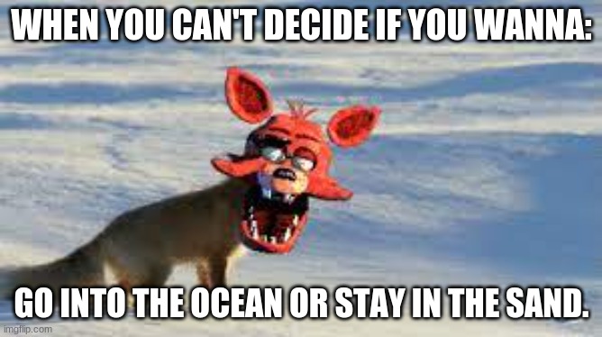 BOI | WHEN YOU CAN'T DECIDE IF YOU WANNA:; GO INTO THE OCEAN OR STAY IN THE SAND. | image tagged in fox with a foxy from fnaf 1 head | made w/ Imgflip meme maker