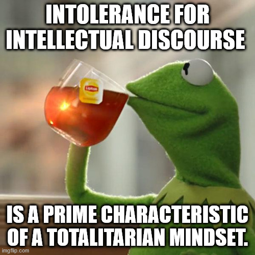 Kermittho | INTOLERANCE FOR INTELLECTUAL DISCOURSE; IS A PRIME CHARACTERISTIC OF A TOTALITARIAN MINDSET. | image tagged in kermittho | made w/ Imgflip meme maker