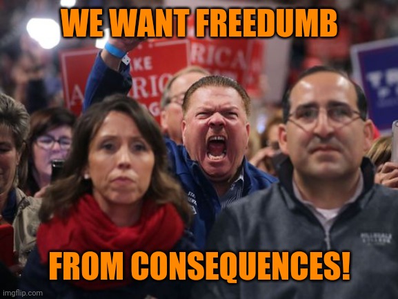 angry trump voter | WE WANT FREEDUMB FROM CONSEQUENCES! | image tagged in angry trump voter | made w/ Imgflip meme maker