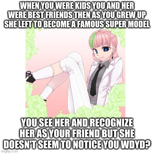 ⊙△⊙ | WHEN YOU WERE KIDS YOU AND HER WERE BEST FRIENDS THEN AS YOU GREW UP SHE LEFT TO BECOME A FAMOUS SUPER MODEL; YOU SEE HER AND RECOGNIZE HER AS YOUR FRIEND BUT SHE DOESN'T SEEM TO NOTICE YOU WDYD? | made w/ Imgflip meme maker