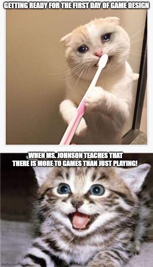 GETTING READY FOR THE FIRST DAY OF GAME DESIGN; WHEN MS. JOHNSON TEACHES THAT THERE IS MORE TO GAMES THAN JUST PLAYING! | image tagged in cats | made w/ Imgflip meme maker