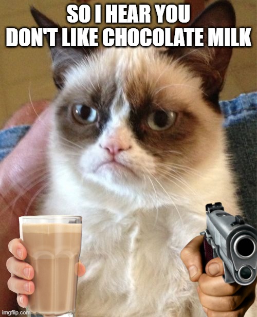 grumpy cat chocolate Milken it | SO I HEAR YOU DON'T LIKE CHOCOLATE MILK | image tagged in memes,grumpy cat | made w/ Imgflip meme maker