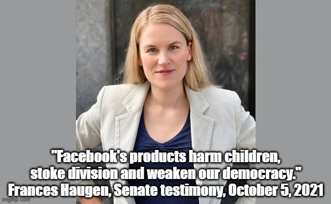 "Facebooks Products Harm Children, Stoke Division And Weaking Our Democracy" | "Facebook's products harm children, stoke division and weaken our democracy."
Frances Haugen, Senate testimony, October 5, 2021 | image tagged in facebook harms people,facebook harms political process,facebook harms democracy,frances haugen,whistleblower | made w/ Imgflip meme maker