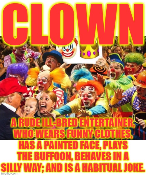 CLOWN | CLOWN; A RUDE ILL-BRED ENTERTAINER, WHO WEARS FUNNY CLOTHES, HAS A PAINTED FACE, PLAYS THE BUFFOON, BEHAVES IN A SILLY WAY; AND IS A HABITUAL JOKE. | image tagged in clown,entertainer,buffoon,silly,makeup,joke | made w/ Imgflip meme maker