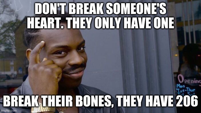 Down to the bones | DON'T BREAK SOMEONE'S HEART. THEY ONLY HAVE ONE; BREAK THEIR BONES, THEY HAVE 206 | image tagged in memes,roll safe think about it | made w/ Imgflip meme maker