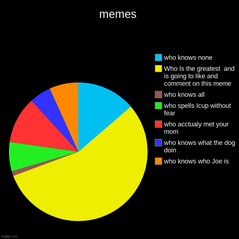 memes | who knows who Joe is, who knows what the dog doin, who acctualy met your mom, who spells Icup without fear, who knows all, Who Is th | image tagged in charts,pie charts | made w/ Imgflip chart maker
