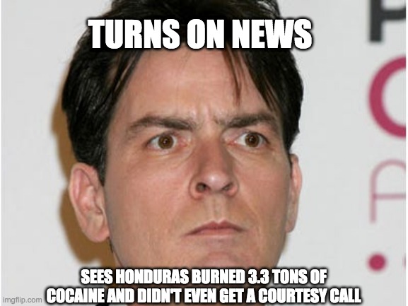 3.3 tons a yayo -rohb/rupe | TURNS ON NEWS; SEES HONDURAS BURNED 3.3 TONS OF COCAINE AND DIDN'T EVEN GET A COURTESY CALL | image tagged in cocaine,charlie sheen | made w/ Imgflip meme maker