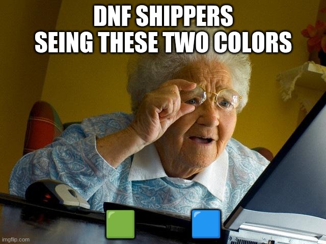 This is me----------------------------------- | DNF SHIPPERS SEING THESE TWO COLORS; 🟩            🟦 | image tagged in memes,grandma finds the internet,dnf,dream smp | made w/ Imgflip meme maker