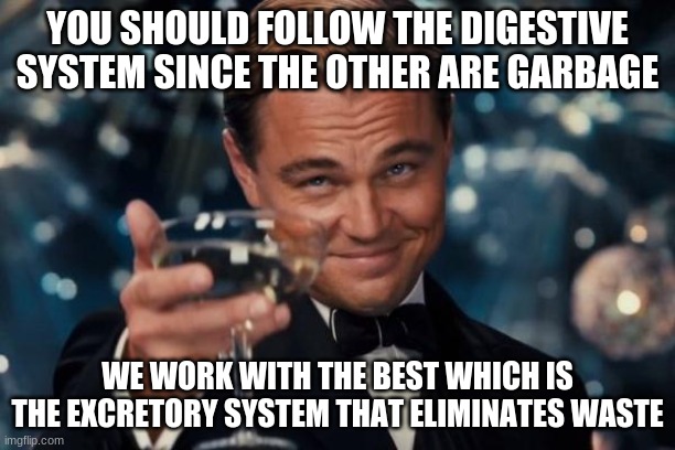 Leonardo Dicaprio Cheers Meme | YOU SHOULD FOLLOW THE DIGESTIVE SYSTEM SINCE THE OTHER ARE GARBAGE; WE WORK WITH THE BEST WHICH IS THE EXCRETORY SYSTEM THAT ELIMINATES WASTE | image tagged in memes,leonardo dicaprio cheers | made w/ Imgflip meme maker
