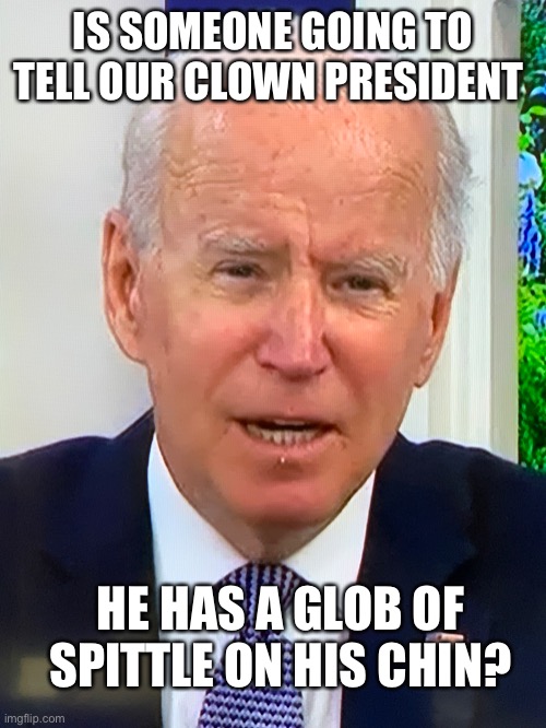 IS SOMEONE GOING TO TELL OUR CLOWN PRESIDENT; HE HAS A GLOB OF SPITTLE ON HIS CHIN? | image tagged in joe biden,dumbass | made w/ Imgflip meme maker
