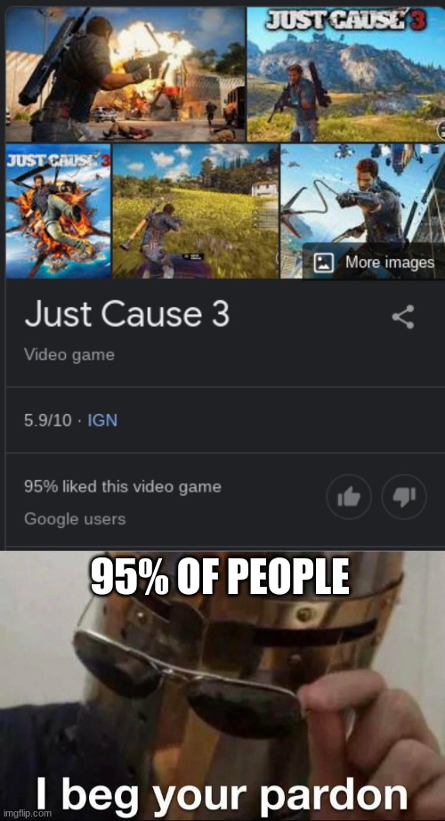 its just like doom eternal |  95% OF PEOPLE | image tagged in just cause 3,video games,i beg your pardon,ign | made w/ Imgflip meme maker