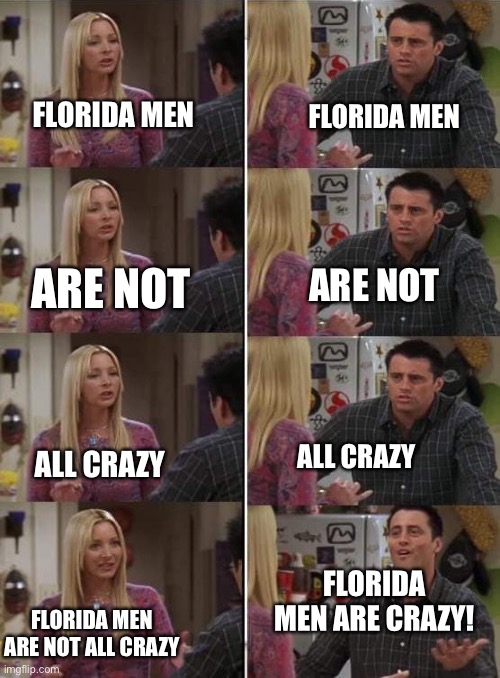 Litterally all of imgflip right now. | FLORIDA MEN; FLORIDA MEN; ARE NOT; ARE NOT; ALL CRAZY; ALL CRAZY; FLORIDA MEN ARE CRAZY! FLORIDA MEN ARE NOT ALL CRAZY | image tagged in phoebe teaching joey in friends | made w/ Imgflip meme maker