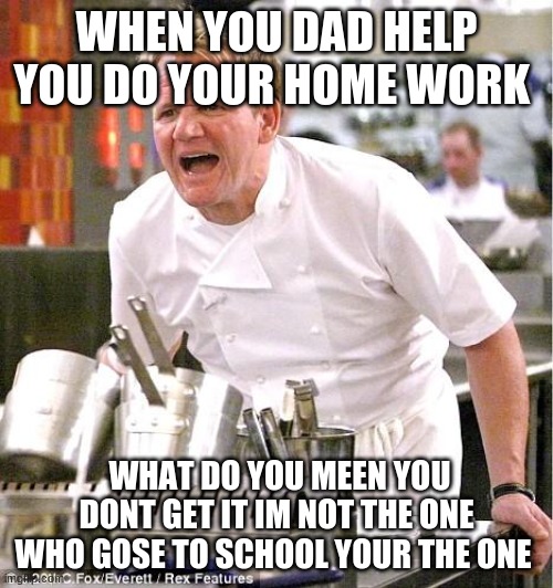 Chef Gordon Ramsay | WHEN YOU DAD HELP YOU DO YOUR HOME WORK; WHAT DO YOU MEEN YOU DONT GET IT IM NOT THE ONE WHO GOSE TO SCHOOL YOUR THE ONE | image tagged in memes,chef gordon ramsay | made w/ Imgflip meme maker