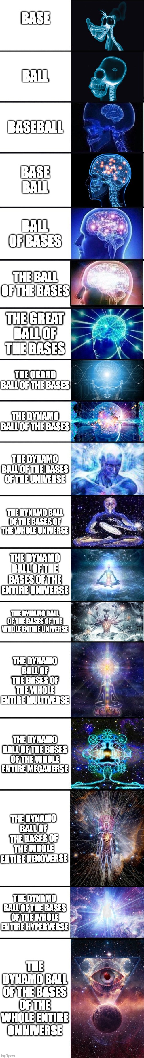 expanding brain: 9001 | BASE; BALL; BASEBALL; BASE BALL; BALL OF BASES; THE BALL OF THE BASES; THE GREAT BALL OF THE BASES; THE GRAND BALL OF THE BASES; THE DYNAMO BALL OF THE BASES; THE DYNAMO BALL OF THE BASES OF THE UNIVERSE; THE DYNAMO BALL OF THE BASES OF THE WHOLE UNIVERSE; THE DYNAMO BALL OF THE BASES OF THE ENTIRE UNIVERSE; THE DYNAMO BALL OF THE BASES OF THE WHOLE ENTIRE UNIVERSE; THE DYNAMO BALL OF THE BASES OF THE WHOLE ENTIRE MULTIVERSE; THE DYNAMO BALL OF THE BASES OF THE WHOLE ENTIRE MEGAVERSE; THE DYNAMO BALL OF THE BASES OF THE WHOLE ENTIRE XENOVERSE; THE DYNAMO BALL OF THE BASES OF THE WHOLE ENTIRE HYPERVERSE; THE DYNAMO BALL OF THE BASES OF THE WHOLE ENTIRE OMNIVERSE | image tagged in expanding brain 9001 | made w/ Imgflip meme maker