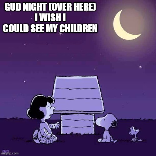 gud night (over here) | GUD NIGHT (OVER HERE)
I WISH I COULD SEE MY CHILDREN | image tagged in good night | made w/ Imgflip meme maker