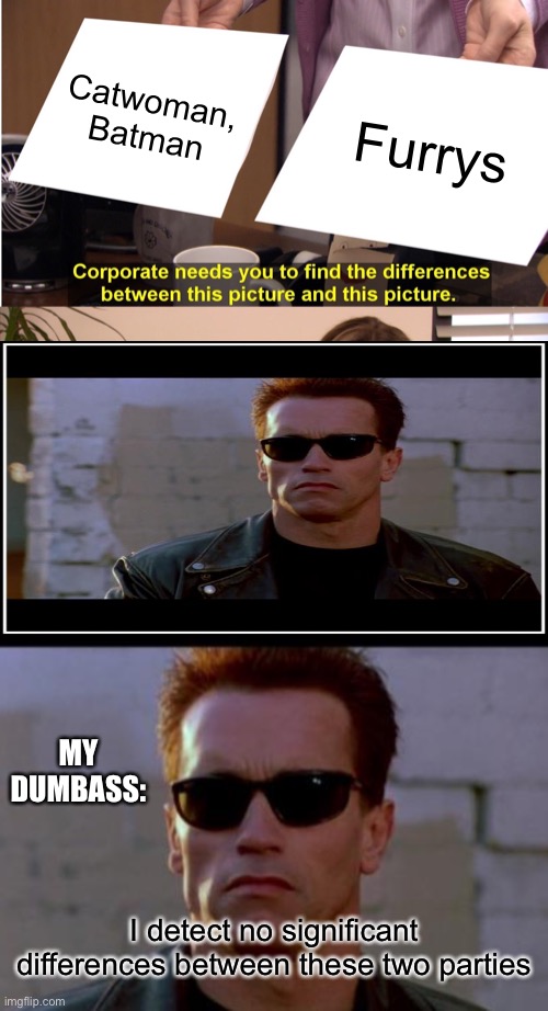 Funny tho | Catwoman, Batman; Furrys; MY DUMBASS:; I detect no significant differences between these two parties | image tagged in memes,they're the same picture,arnold schwarzenegger terminator,furry | made w/ Imgflip meme maker