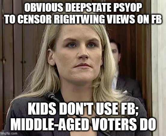 fake byotch | OBVIOUS DEEPSTATE PSYOP TO CENSOR RIGHTWING VIEWS ON FB; KIDS DON'T USE FB; MIDDLE-AGED VOTERS DO | image tagged in fb,blames fb lack of censorship for jan 6,says she cares about kids,kids dont use fb,liar,timed with outage | made w/ Imgflip meme maker