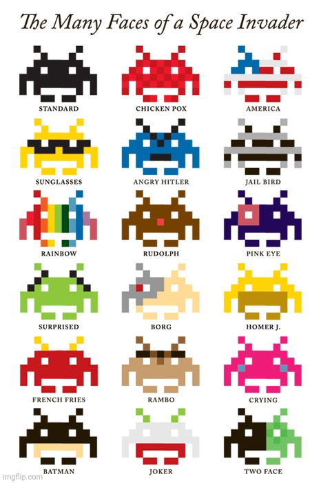 Many Space Invader Types | image tagged in space invaders,arcade,atari,lots of,types,oh wow are you actually reading these tags | made w/ Imgflip meme maker