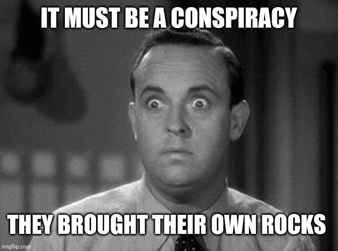 shocked face | IT MUST BE A CONSPIRACY THEY BROUGHT THEIR OWN ROCKS | image tagged in shocked face | made w/ Imgflip meme maker