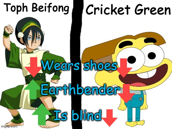 What do they have in common? | Wears shoes; Earthbender; Is blind | image tagged in atla,big city greens,cricket,toph | made w/ Imgflip meme maker