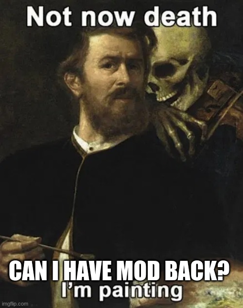 i'm overthinking my wording and the image i used lol | CAN I HAVE MOD BACK? | image tagged in not now | made w/ Imgflip meme maker