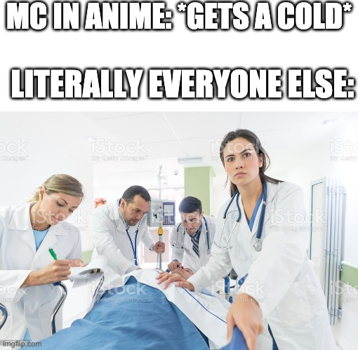Anime lol | MC IN ANIME: *GETS A COLD*; LITERALLY EVERYONE ELSE: | image tagged in blank white template | made w/ Imgflip meme maker