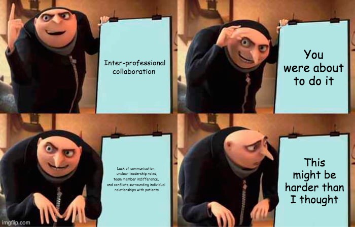 Gru's Plan Meme | Inter-professional collaboration; You were about to do it; Lack of communication, 
unclear leadership roles,
team member indifference, 
and conflicts surrounding individual 
relationships with patients; This might be harder than I thought | image tagged in memes,gru's plan | made w/ Imgflip meme maker