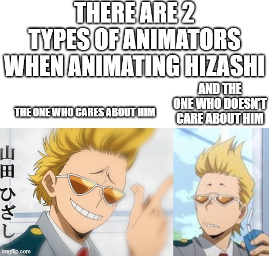 why when they add Shirakumo.......he looks like this.... ._. | THERE ARE 2 TYPES OF ANIMATORS WHEN ANIMATING HIZASHI; AND THE ONE WHO DOESN'T CARE ABOUT HIM; THE ONE WHO CARES ABOUT HIM | image tagged in hizashi,hizashi yamada,yamada,the 3 dumbigos,present mic,my hero academia | made w/ Imgflip meme maker