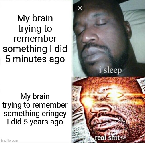 Sleeping Shaq | My brain trying to remember something I did 5 minutes ago; My brain trying to remember something cringey I did 5 years ago | image tagged in memes,sleeping shaq | made w/ Imgflip meme maker