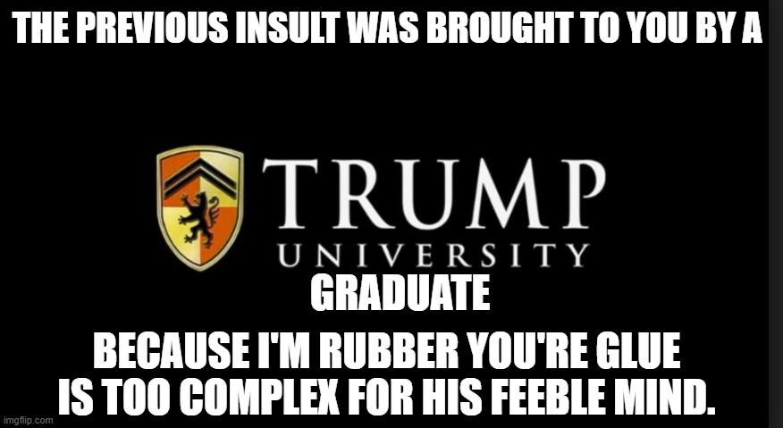 Trump University Logo | THE PREVIOUS INSULT WAS BROUGHT TO YOU BY A GRADUATE BECAUSE I'M RUBBER YOU'RE GLUE IS TOO COMPLEX FOR HIS FEEBLE MIND. | image tagged in trump university logo | made w/ Imgflip meme maker