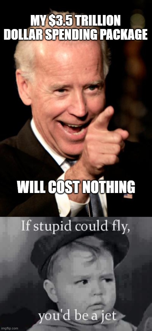 Q: What kind of a fool do you think I am?A: How many different kinds are there? | MY $3.5 TRILLION DOLLAR SPENDING PACKAGE; WILL COST NOTHING | image tagged in memes,smilin biden,budget,trillion,stupid liberals | made w/ Imgflip meme maker