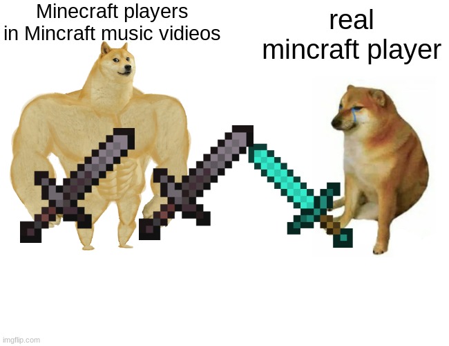 Buff Doge vs. Cheems Meme | Minecraft players in Mincraft music vidieos; real mincraft player | image tagged in memes,buff doge vs cheems | made w/ Imgflip meme maker