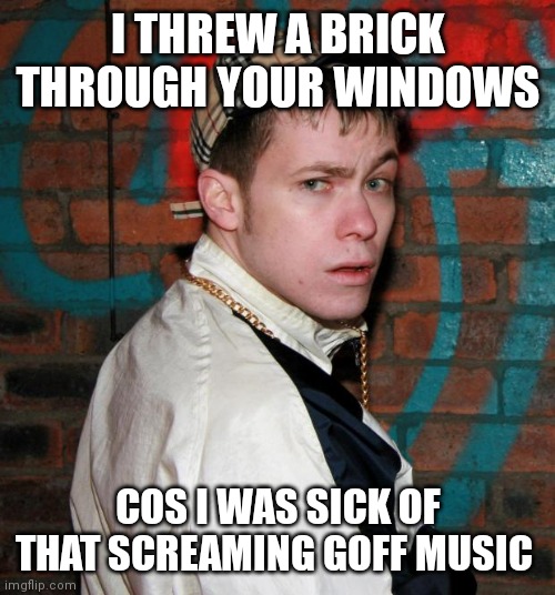 Chav | I THREW A BRICK THROUGH YOUR WINDOWS; COS I WAS SICK OF THAT SCREAMING GOFF MUSIC | image tagged in chav,memes | made w/ Imgflip meme maker