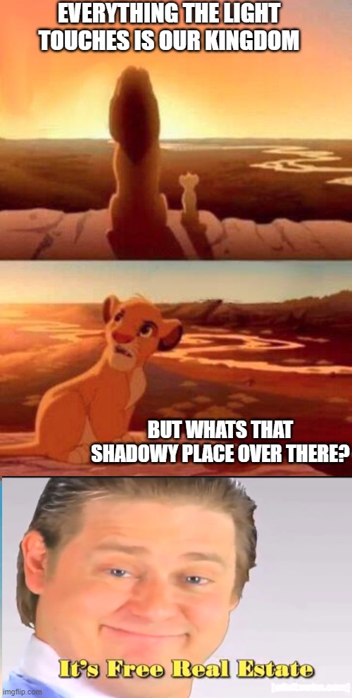 Its free real estate | EVERYTHING THE LIGHT TOUCHES IS OUR KINGDOM; BUT WHATS THAT SHADOWY PLACE OVER THERE? | image tagged in lion king | made w/ Imgflip meme maker