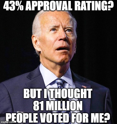 Joe Biden | 43% APPROVAL RATING? BUT I THOUGHT 81 MILLION PEOPLE VOTED FOR ME? | image tagged in joe biden,democrat,biden,memes | made w/ Imgflip meme maker
