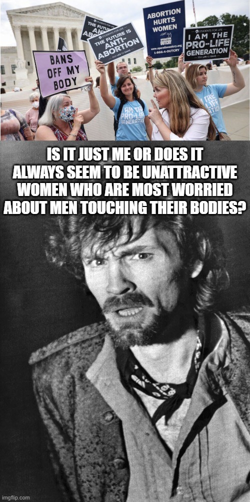No, it's not just you. | IS IT JUST ME OR DOES IT ALWAYS SEEM TO BE UNATTRACTIVE WOMEN WHO ARE MOST WORRIED ABOUT MEN TOUCHING THEIR BODIES? | image tagged in is it just me,abortion,pro-life,pro-choice,memes,liberal logic | made w/ Imgflip meme maker