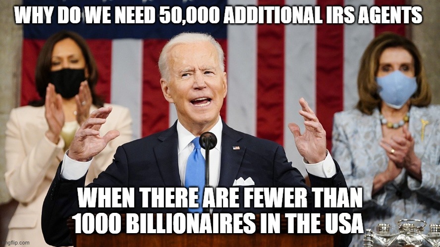 why do we need 50,000 additional IRS agents when there are fewer than 1000 billionaires in USA | WHY DO WE NEED 50,000 ADDITIONAL IRS AGENTS; WHEN THERE ARE FEWER THAN 1000 BILLIONAIRES IN THE USA | image tagged in joe biden,irs | made w/ Imgflip meme maker