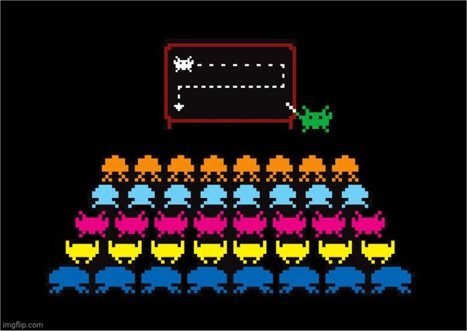 Ever wonder why space invaders follow their distinctive attack pattern? Invaders 101! | image tagged in space invaders,oh wow are you actually reading these tags,stop reading the tags,stop reading these tags,stop right there,damn | made w/ Imgflip meme maker