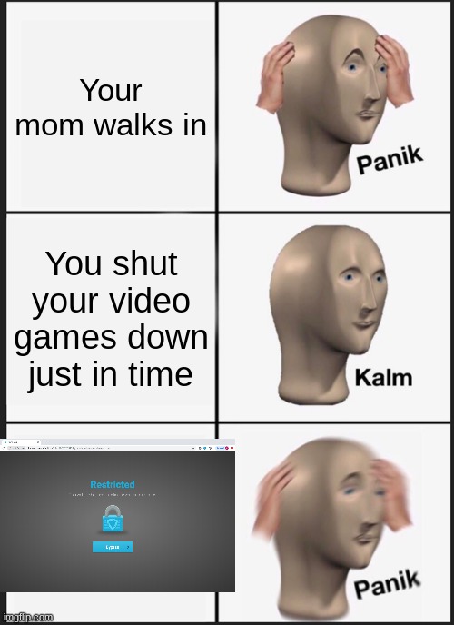 The reason I don't like Go guardian | Your mom walks in; You shut your video games down just in time | image tagged in memes,panik kalm panik,video games,why | made w/ Imgflip meme maker