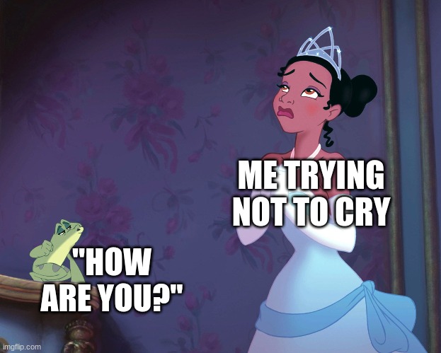 "I'm FiNe!" | ME TRYING NOT TO CRY; "HOW ARE YOU?" | image tagged in princess and the frog,disney,sad | made w/ Imgflip meme maker