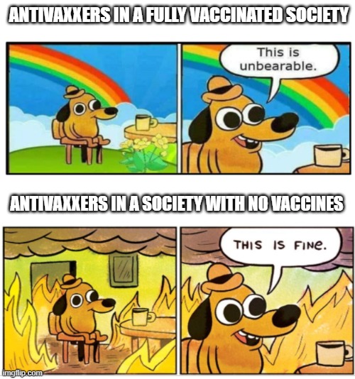 Pathetic anti-science people be like: | ANTIVAXXERS IN A FULLY VACCINATED SOCIETY; ANTIVAXXERS IN A SOCIETY WITH NO VACCINES | image tagged in unbearable,covid-19,vaccines,antivax,morons | made w/ Imgflip meme maker
