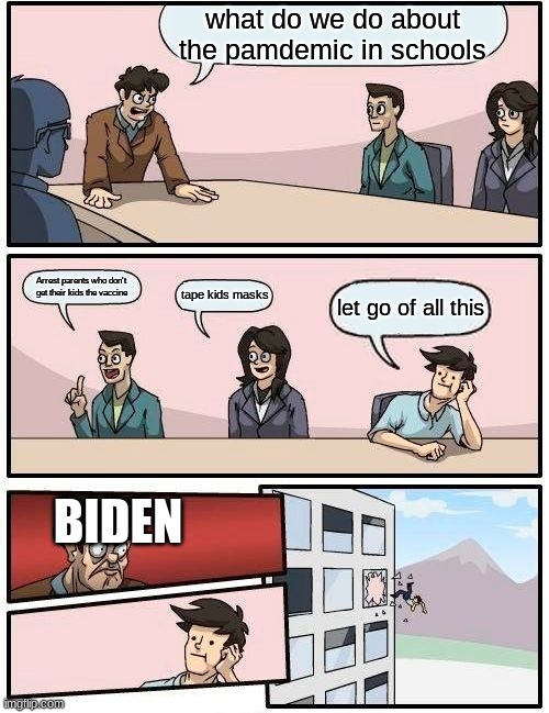 well crust | what do we do about the pamdemic in schools; Arrest parents who don't get their kids the vaccine; tape kids masks; let go of all this; BIDEN | image tagged in memes,boardroom meeting suggestion,joe biden,covid19,coronavirus | made w/ Imgflip meme maker