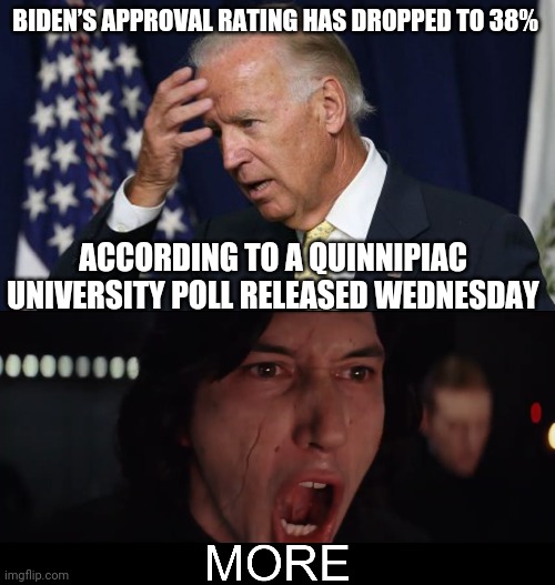BIDEN’S APPROVAL RATING HAS DROPPED TO 38%; ACCORDING TO A QUINNIPIAC UNIVERSITY POLL RELEASED WEDNESDAY | image tagged in joe biden worries,kylo ren more | made w/ Imgflip meme maker