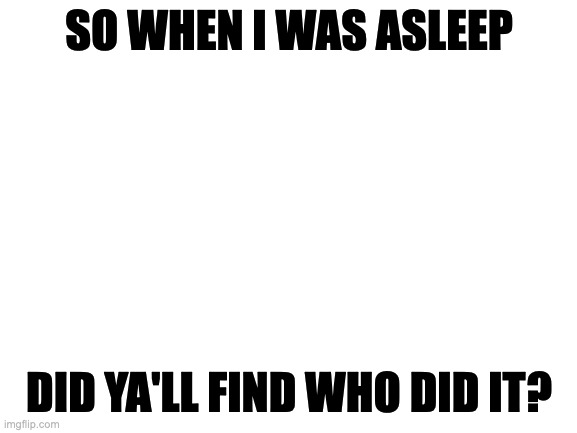 Blank White Template | SO WHEN I WAS ASLEEP; DID YA'LL FIND WHO DID IT? | image tagged in blank white template | made w/ Imgflip meme maker