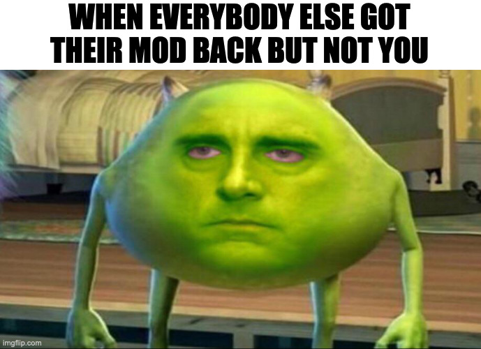 Mike wazowski but he’s high | WHEN EVERYBODY ELSE GOT THEIR MOD BACK BUT NOT YOU | image tagged in mike wazowski but he s high | made w/ Imgflip meme maker
