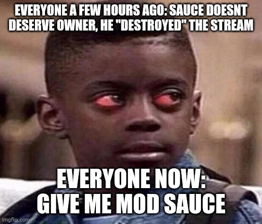 Like damn ask someone not overwhelmed | EVERYONE A FEW HOURS AGO: SAUCE DOESNT DESERVE OWNER, HE "DESTROYED" THE STREAM; EVERYONE NOW: GIVE ME MOD SAUCE | image tagged in high kid | made w/ Imgflip meme maker