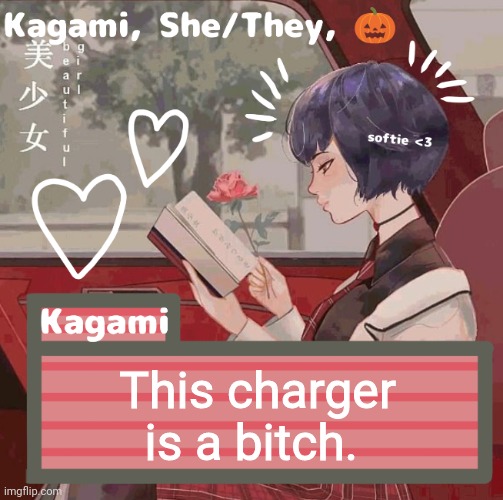 This charger is a bitch. | image tagged in kagami | made w/ Imgflip meme maker
